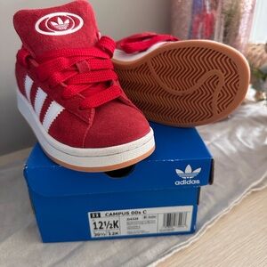 adidas Kids Red Suede Sneakers with White Stripes